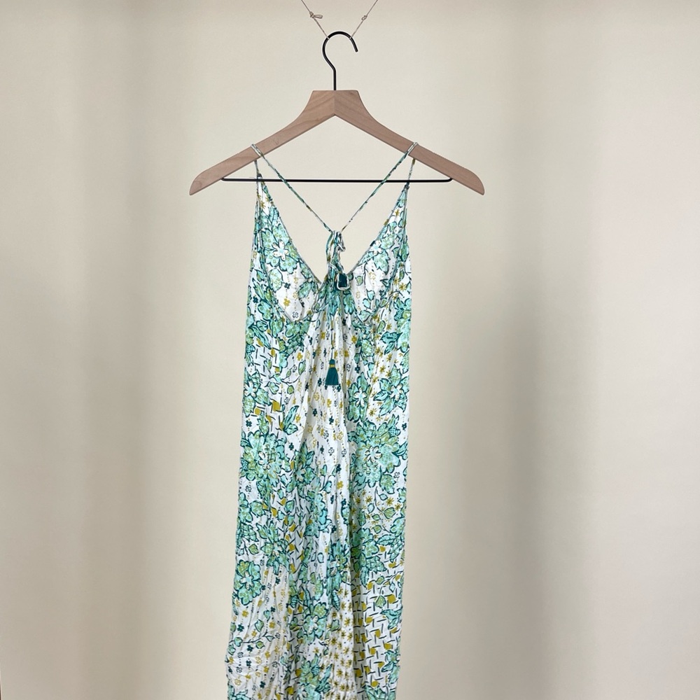 Poupette St. Barth Printed V Neck Maxi Dress Island Tropical Green White Floral - Picture 4 of 4
